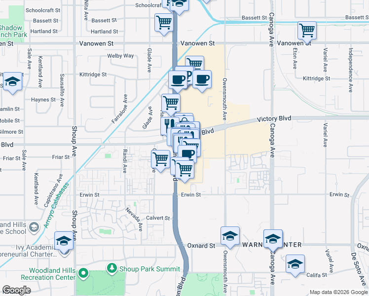 map of restaurants, bars, coffee shops, grocery stores, and more near 6360 Topanga Canyon Boulevard in Los Angeles