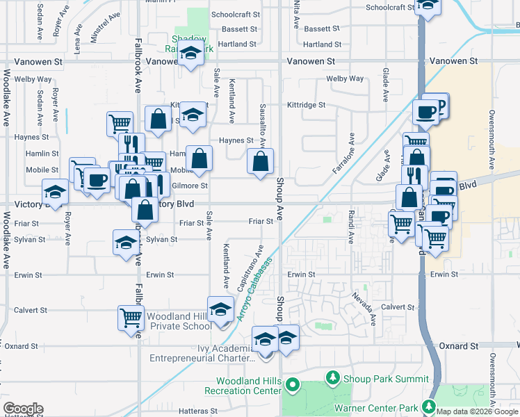 map of restaurants, bars, coffee shops, grocery stores, and more near 22416 Victory Boulevard in Los Angeles