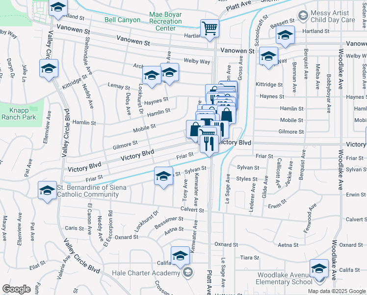 map of restaurants, bars, coffee shops, grocery stores, and more near 23843 Victory Boulevard in Los Angeles