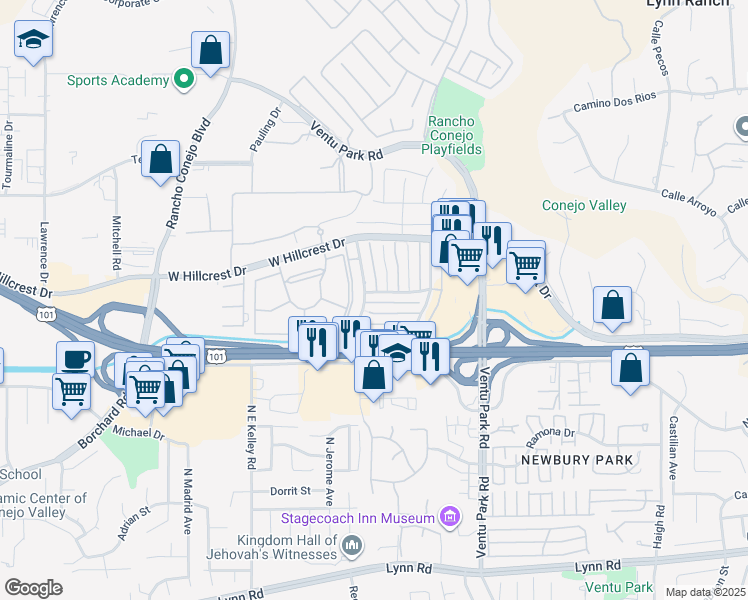 map of restaurants, bars, coffee shops, grocery stores, and more near 594 Paseo La Perla in Thousand Oaks