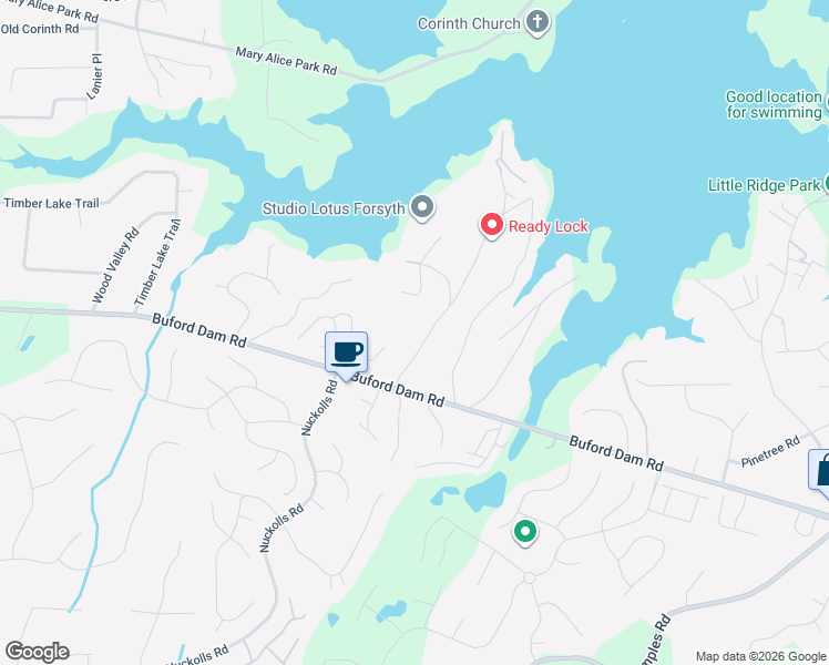 map of restaurants, bars, coffee shops, grocery stores, and more near 1825 Habersham Marina Road in Cumming