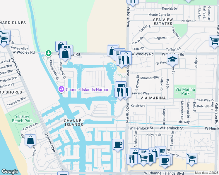 map of restaurants, bars, coffee shops, grocery stores, and more near 1538 Seabridge Lane in Oxnard