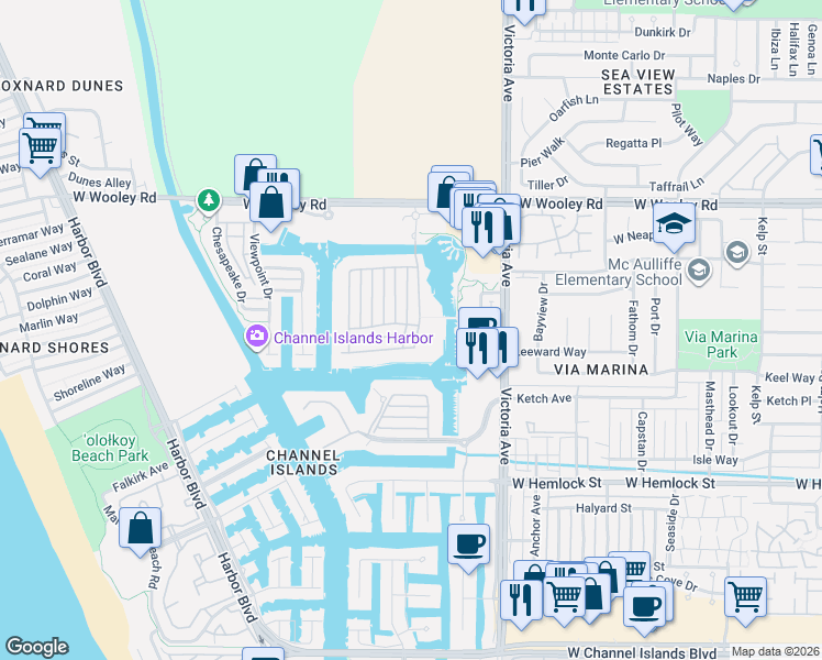 map of restaurants, bars, coffee shops, grocery stores, and more near 1501 Seabridge Lane in Oxnard