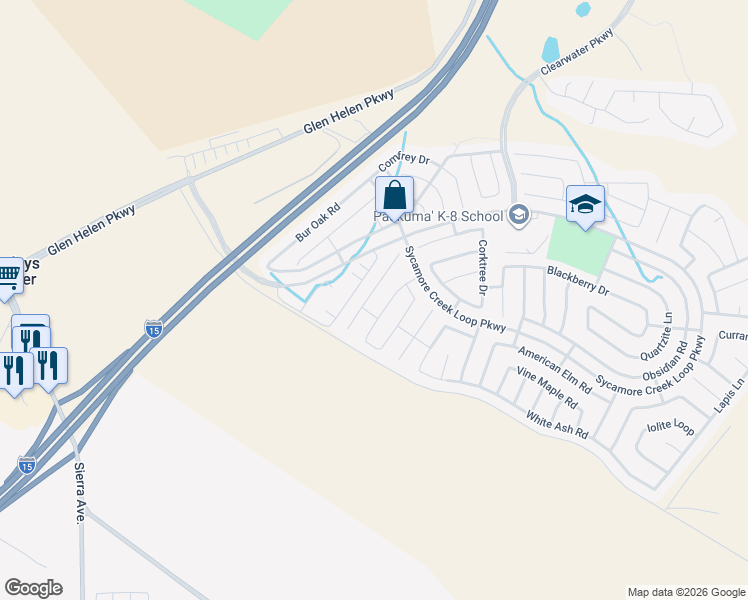 map of restaurants, bars, coffee shops, grocery stores, and more near 17985 Crabapple Court in San Bernardino