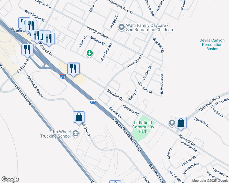map of restaurants, bars, coffee shops, grocery stores, and more near 2665 White Pine Avenue in San Bernardino