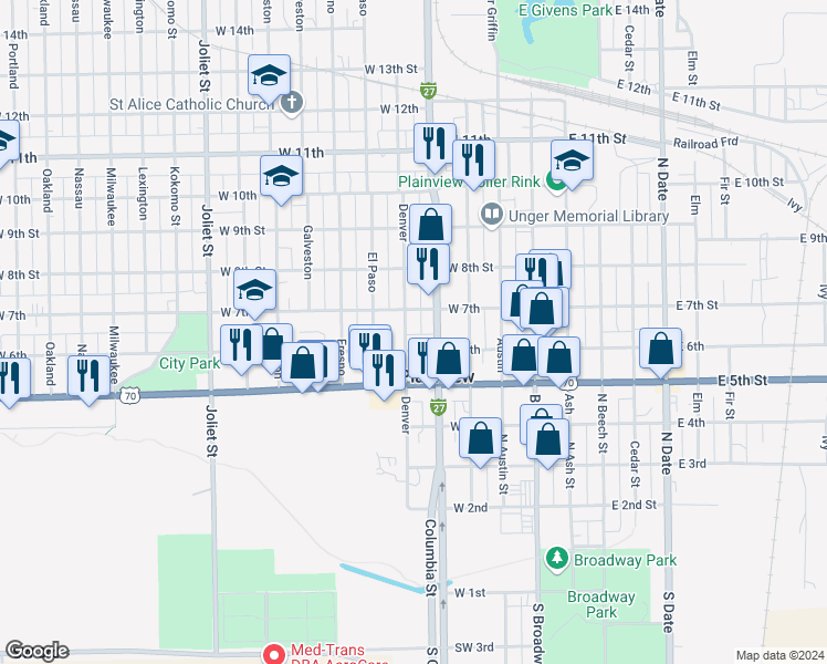 map of restaurants, bars, coffee shops, grocery stores, and more near 608 Denver Street in Plainview