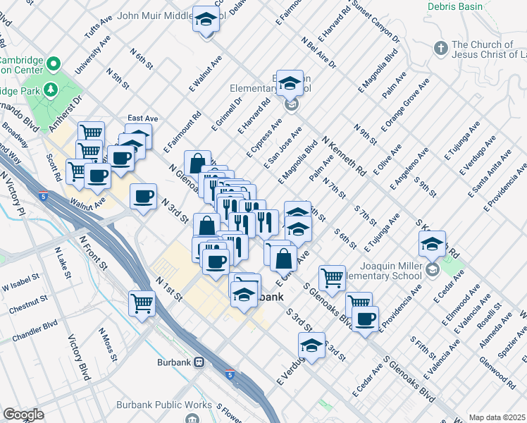 map of restaurants, bars, coffee shops, grocery stores, and more near 476 East Magnolia Boulevard in Burbank