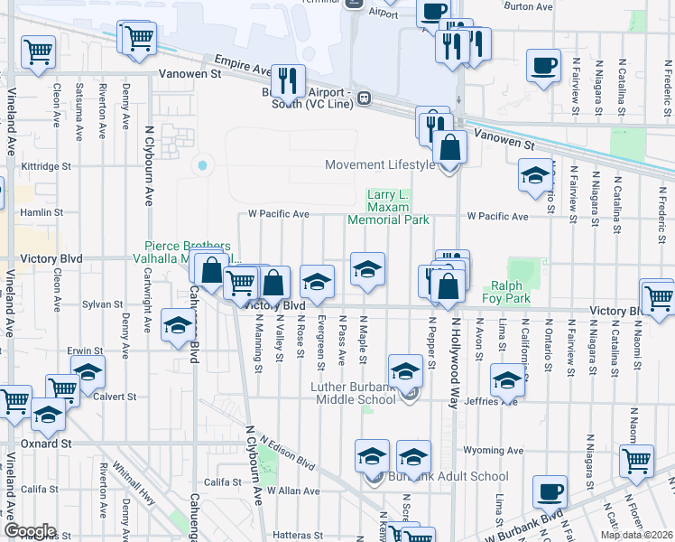 map of restaurants, bars, coffee shops, grocery stores, and more near 2031 North Pass Avenue in Burbank