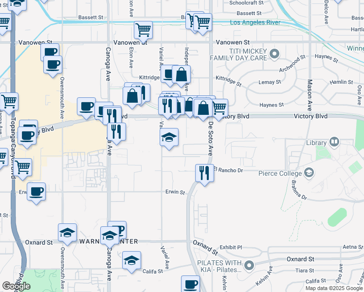 map of restaurants, bars, coffee shops, grocery stores, and more near 6355 De Soto Avenue in Los Angeles