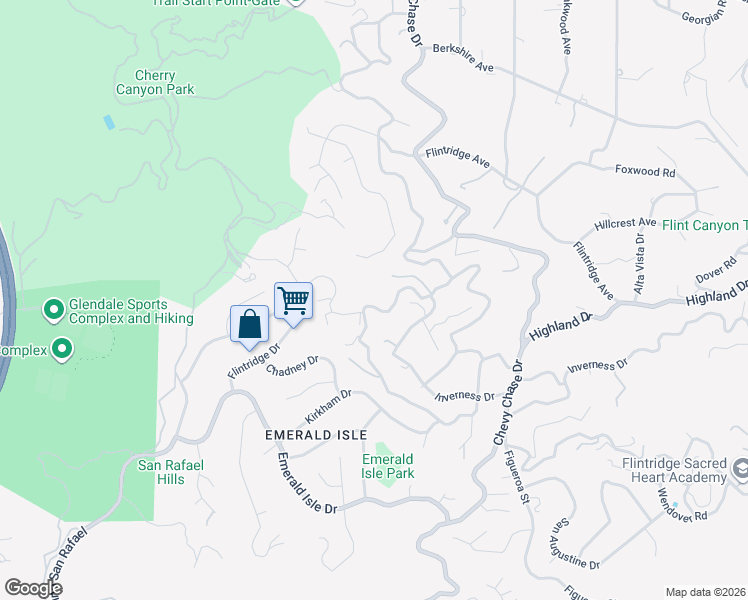 map of restaurants, bars, coffee shops, grocery stores, and more near 3845 Hampstead Road in La Cañada Flintridge