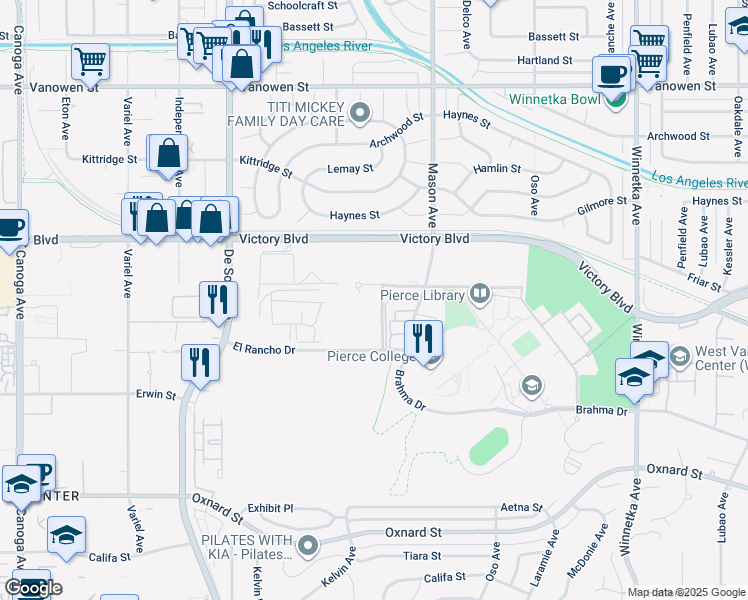 map of restaurants, bars, coffee shops, grocery stores, and more near 6201 Winnetka Avenue in Los Angeles