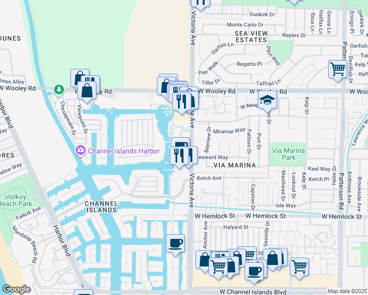 map of restaurants, bars, coffee shops, grocery stores, and more near 1436 Windshore Way in Oxnard