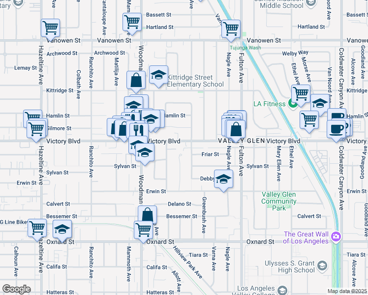 map of restaurants, bars, coffee shops, grocery stores, and more near 13520 Victory Boulevard in Los Angeles