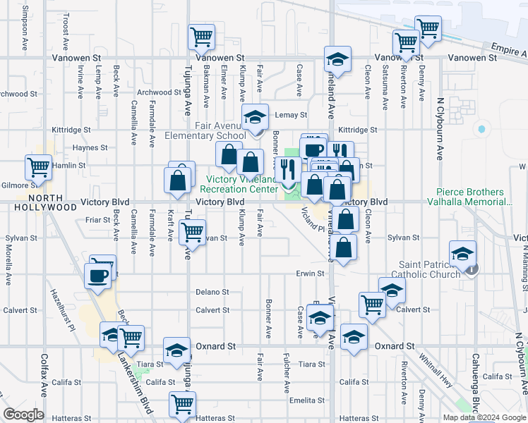 map of restaurants, bars, coffee shops, grocery stores, and more near 11160 Victory Boulevard in Los Angeles