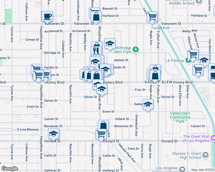 map of restaurants, bars, coffee shops, grocery stores, and more near 13614 Victory Boulevard in Los Angeles