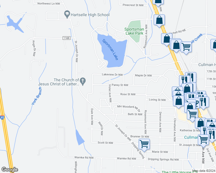 map of restaurants, bars, coffee shops, grocery stores, and more near 911 Violet Avenue Northwest in Cullman