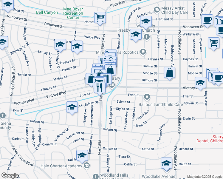 map of restaurants, bars, coffee shops, grocery stores, and more near 23600 Victory Boulevard in Los Angeles