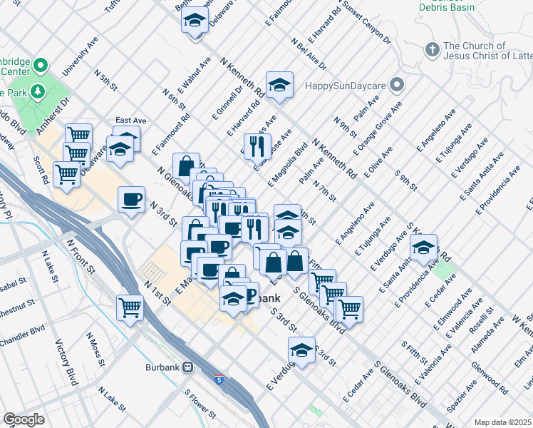 map of restaurants, bars, coffee shops, grocery stores, and more near 521 East Palm Avenue in Burbank
