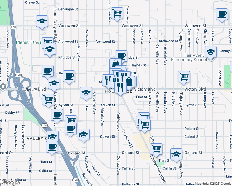 map of restaurants, bars, coffee shops, grocery stores, and more near in Los Angeles