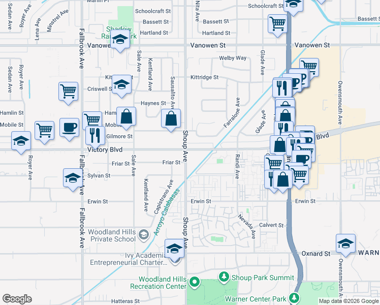 map of restaurants, bars, coffee shops, grocery stores, and more near 22357 Victory Boulevard in Los Angeles