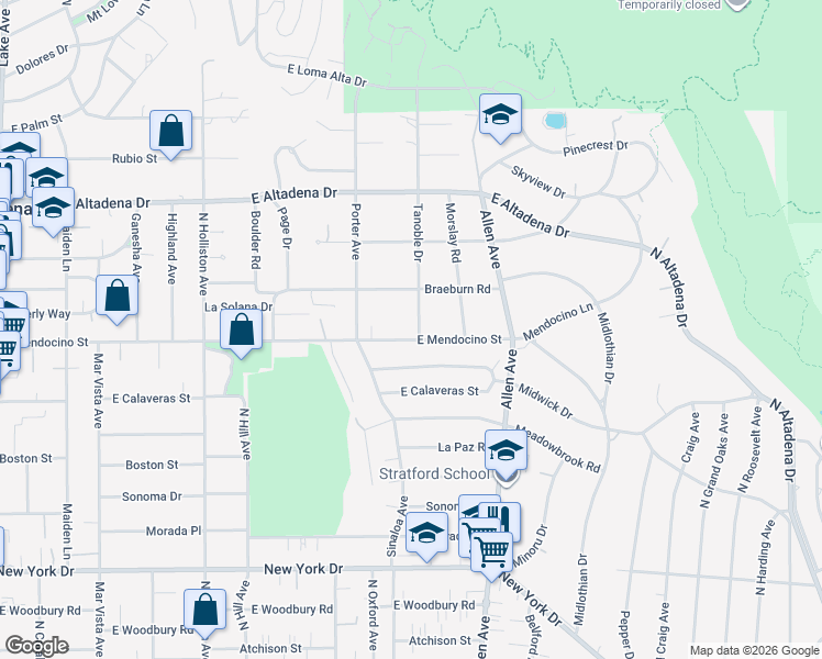 map of restaurants, bars, coffee shops, grocery stores, and more near 1717 East Mendocino Street in Altadena