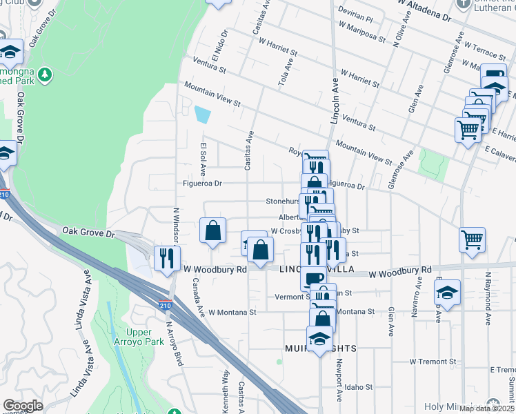 map of restaurants, bars, coffee shops, grocery stores, and more near 608 Stonehurst Drive in Altadena