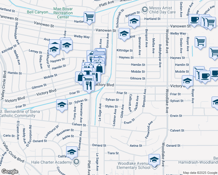 map of restaurants, bars, coffee shops, grocery stores, and more near 23522 Victory Boulevard in Los Angeles