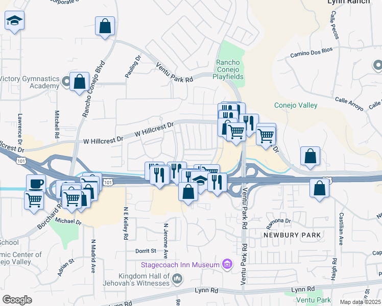 map of restaurants, bars, coffee shops, grocery stores, and more near 1692 Calle Turquesa in Thousand Oaks