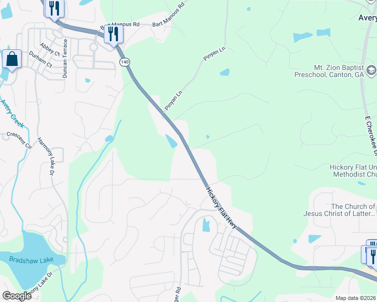 map of restaurants, bars, coffee shops, grocery stores, and more near 4766 Hickory Flat Highway in Canton