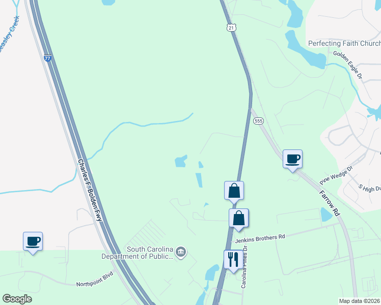 map of restaurants, bars, coffee shops, grocery stores, and more near 50 North Davis Lane in Blythewood