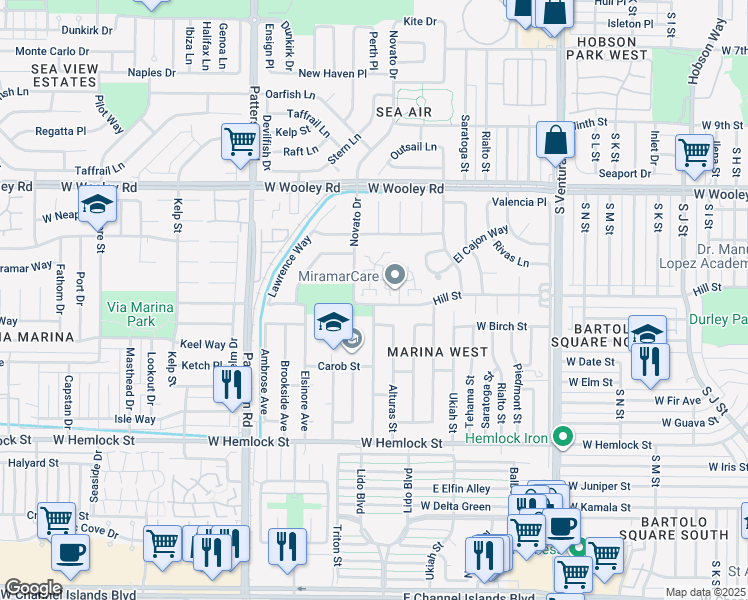 map of restaurants, bars, coffee shops, grocery stores, and more near 2242 Miramar Walk in Oxnard