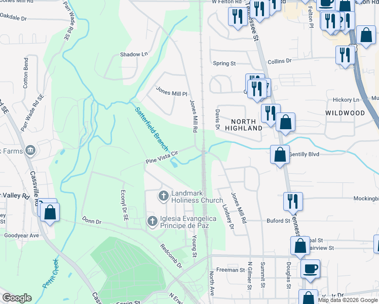 map of restaurants, bars, coffee shops, grocery stores, and more near 117 Pine Vista Cir in Cartersville