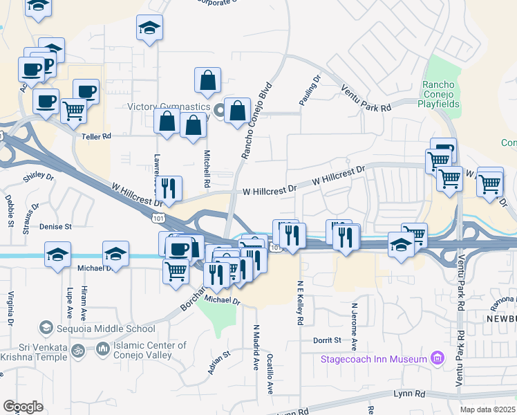 map of restaurants, bars, coffee shops, grocery stores, and more near 2150 West Hillcrest Drive in Thousand Oaks