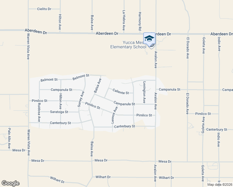 map of restaurants, bars, coffee shops, grocery stores, and more near 58257 Caliente Street in Yucca Valley