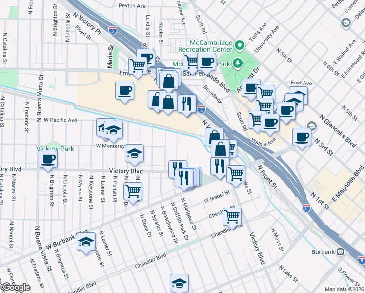 map of restaurants, bars, coffee shops, grocery stores, and more near 1304 North Griffith Park Drive in Burbank
