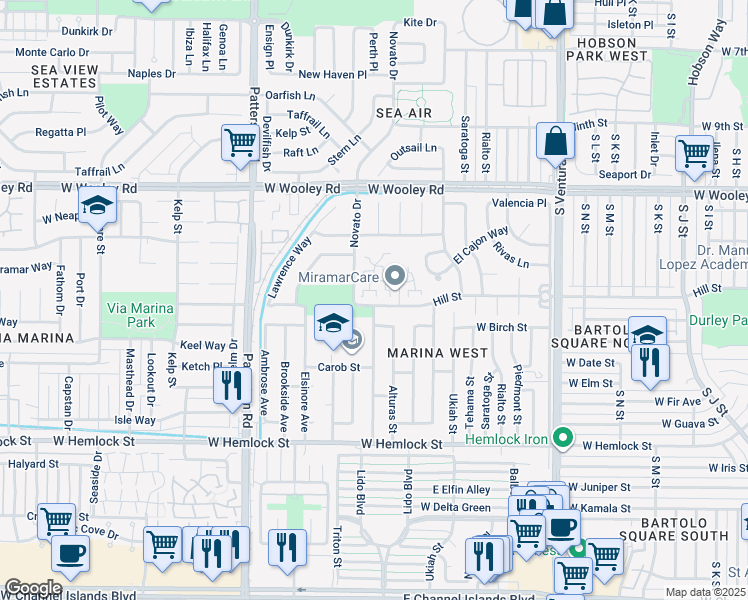 map of restaurants, bars, coffee shops, grocery stores, and more near 2242 Miramar Walk in Oxnard
