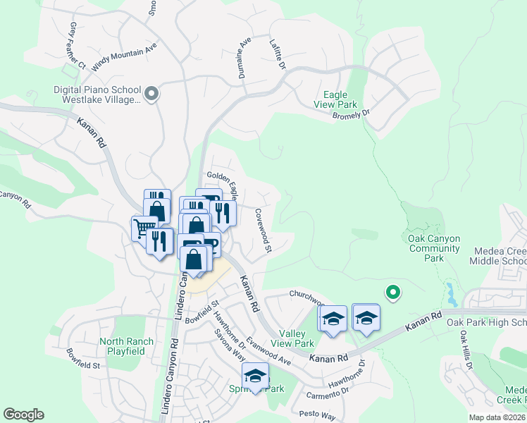 map of restaurants, bars, coffee shops, grocery stores, and more near 5050 Golden Nugget Way in Oak Park
