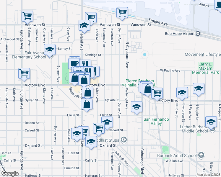 map of restaurants, bars, coffee shops, grocery stores, and more near 10808 Victory Boulevard in Los Angeles