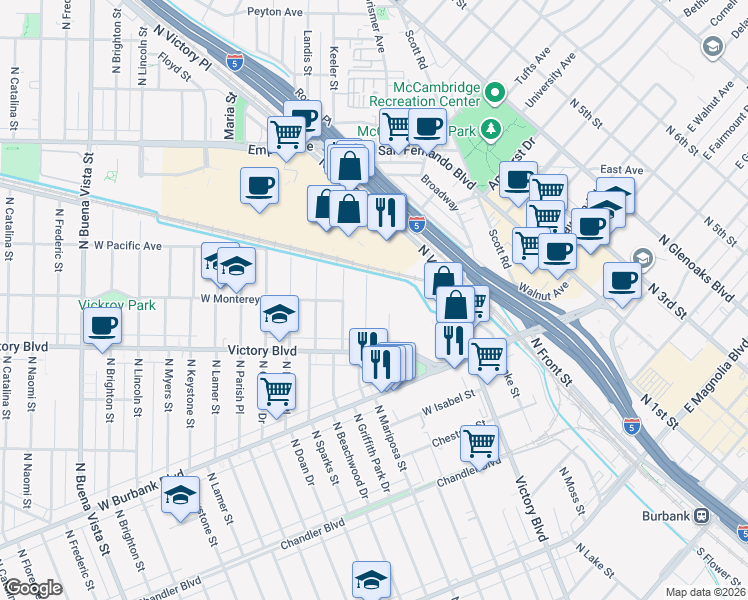 map of restaurants, bars, coffee shops, grocery stores, and more near 1304 North Griffith Park Drive in Burbank