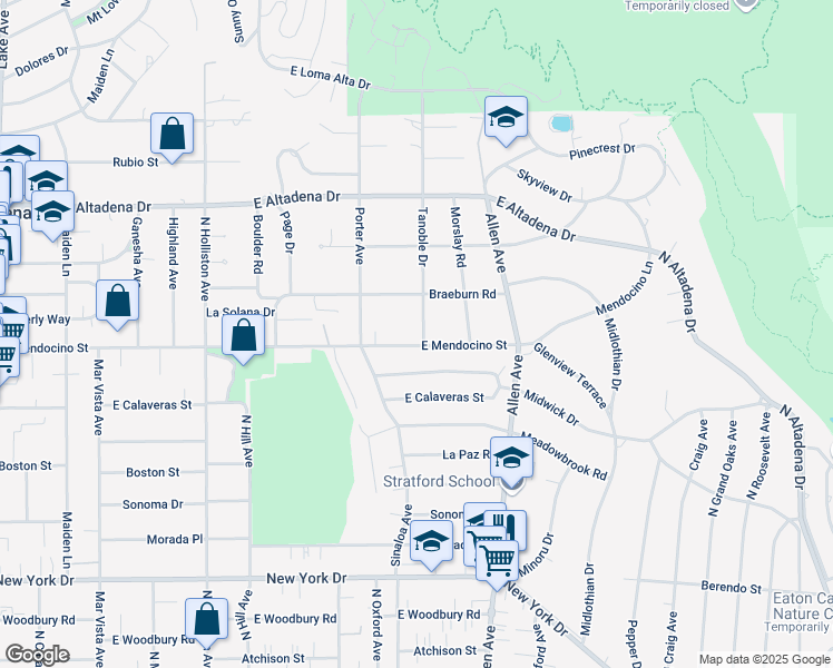 map of restaurants, bars, coffee shops, grocery stores, and more near 1717 East Mendocino Street in Altadena