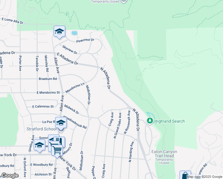 map of restaurants, bars, coffee shops, grocery stores, and more near 2452 North Altadena Drive in Altadena