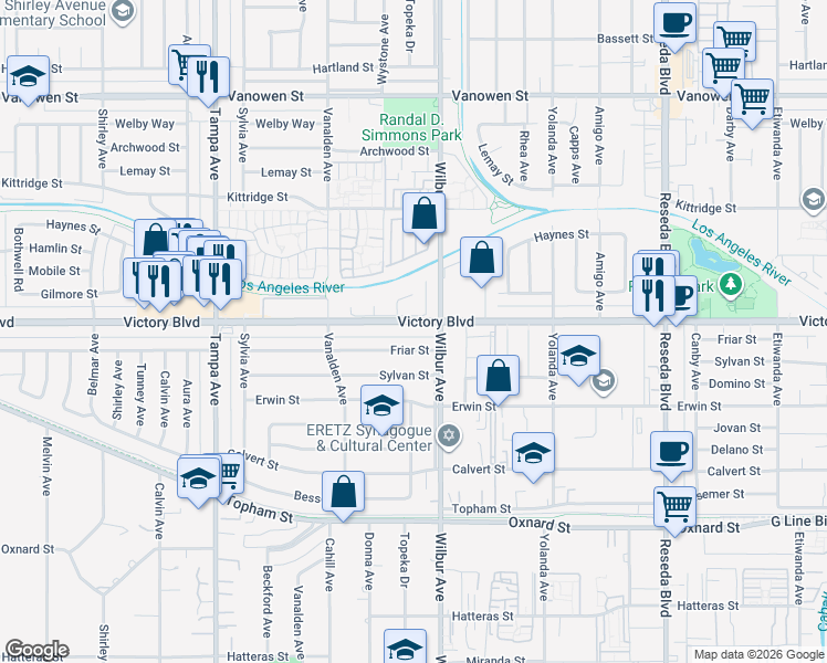 map of restaurants, bars, coffee shops, grocery stores, and more near 18928 Victory Boulevard in Los Angeles
