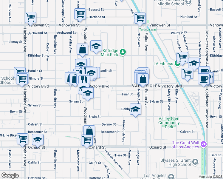 map of restaurants, bars, coffee shops, grocery stores, and more near 13534 Victory Boulevard in Los Angeles