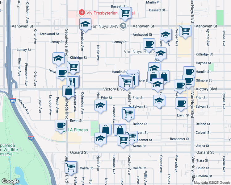 map of restaurants, bars, coffee shops, grocery stores, and more near 14960 Victory Boulevard in Los Angeles