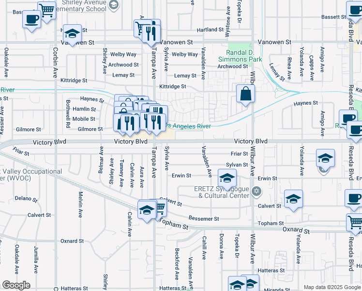 map of restaurants, bars, coffee shops, grocery stores, and more near 19143 Victory Boulevard in Los Angeles