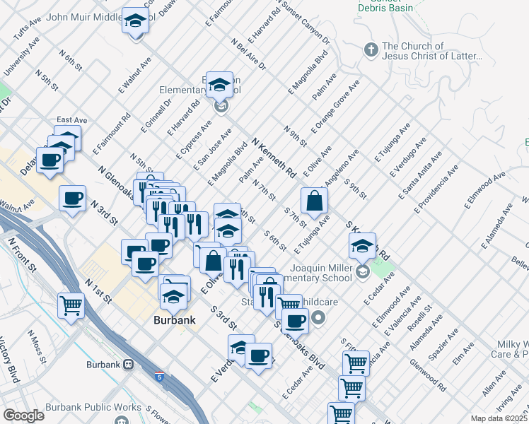 map of restaurants, bars, coffee shops, grocery stores, and more near 619 East Olive Avenue in Burbank