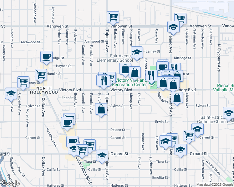 map of restaurants, bars, coffee shops, grocery stores, and more near 11324 West Raitt Lane in Los Angeles