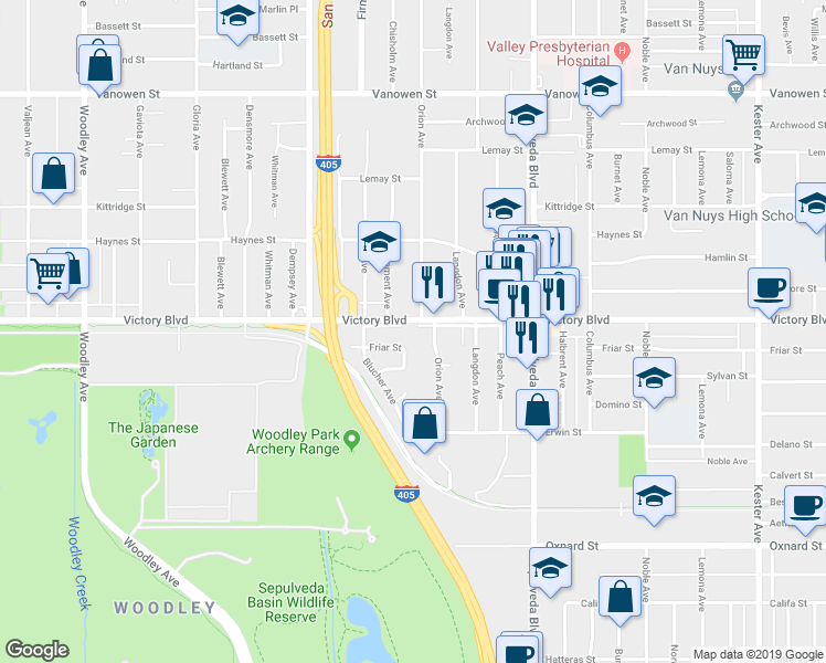 map of restaurants, bars, coffee shops, grocery stores, and more near 15456 Victory Boulevard in Los Angeles
