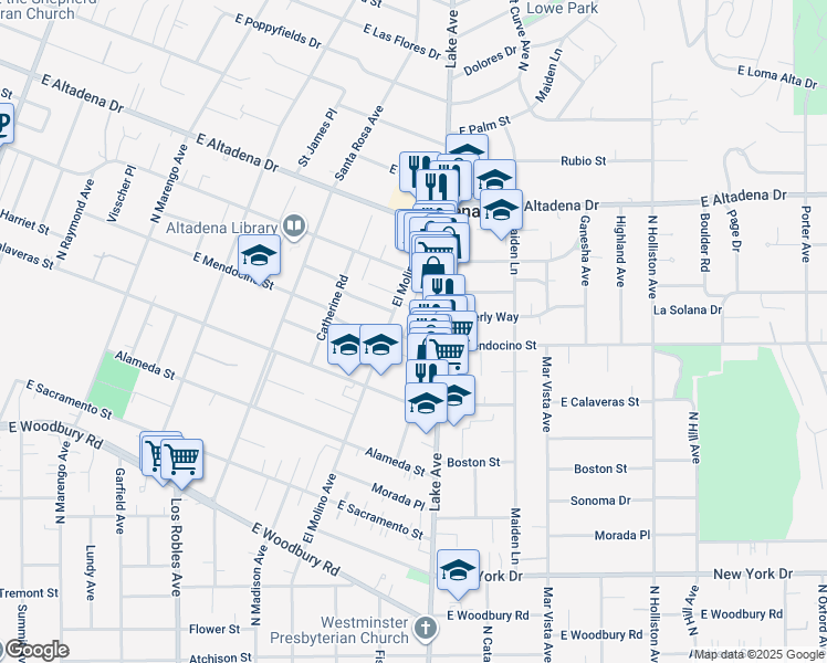 map of restaurants, bars, coffee shops, grocery stores, and more near 847 East Mendocino Street in Altadena