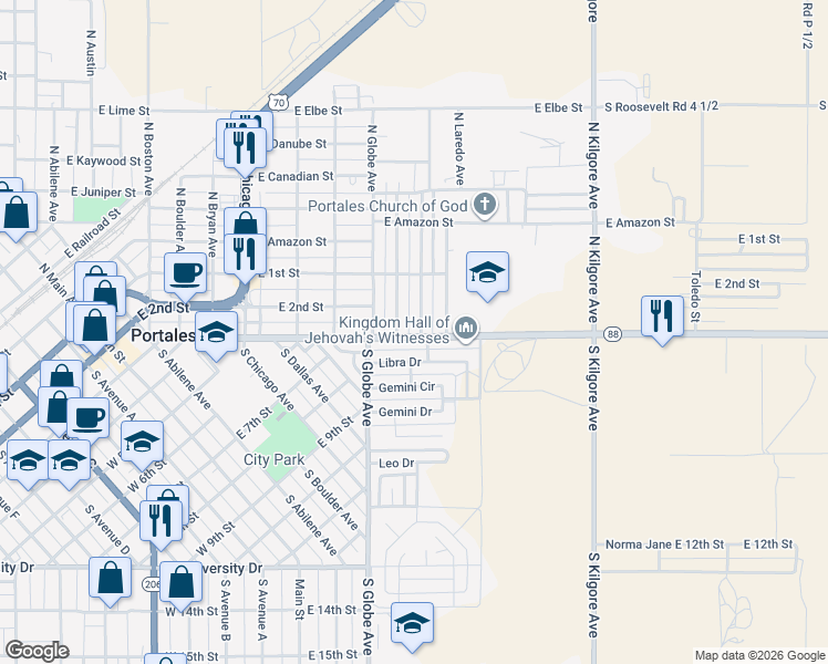 map of restaurants, bars, coffee shops, grocery stores, and more near 137 South Indio Avenue in Portales